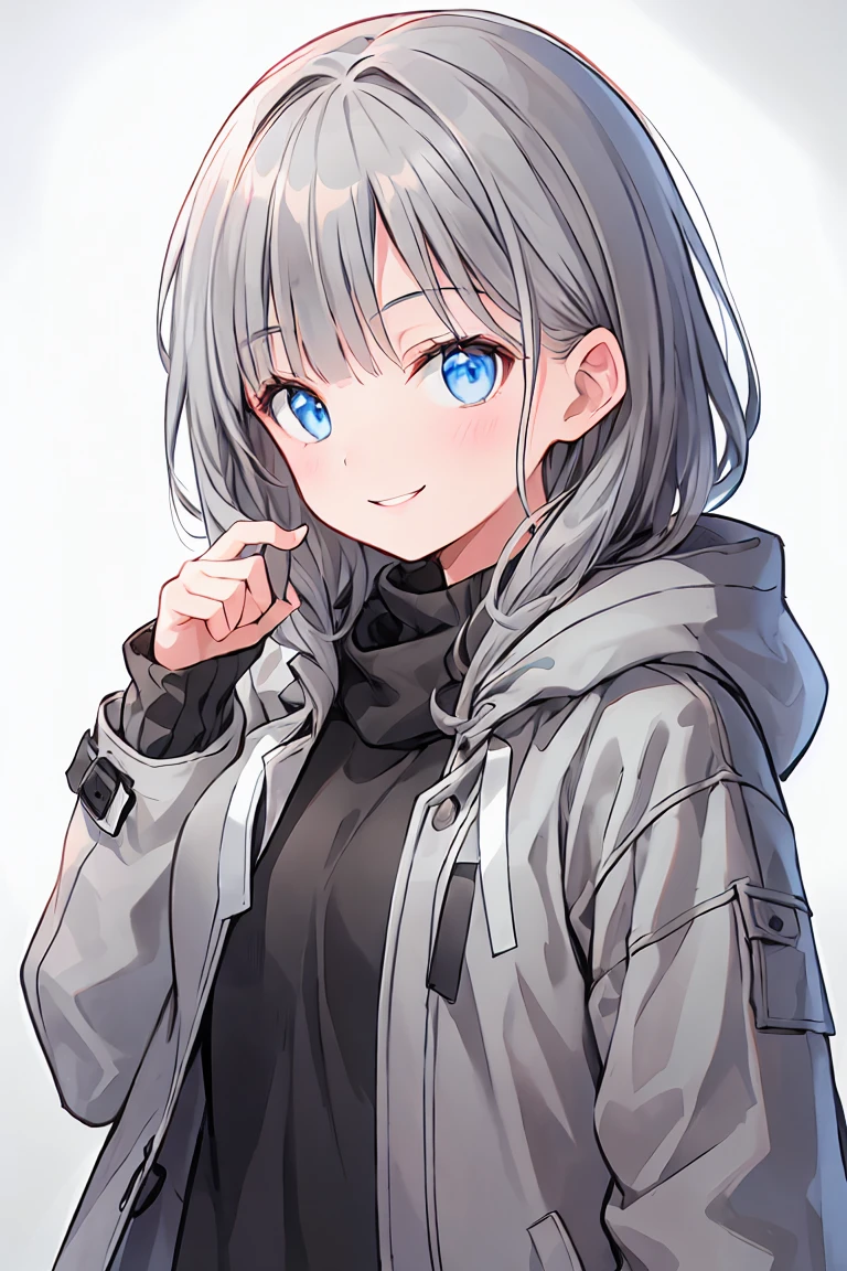 【Highest quality, Tabletop】 [girl, coat, A rich expression, blue eyes, positive, Brown Hair, walking, Upper Body] (Gray white background:1.7), Superlative smile，Unexpected Happiness，２０About the age，Grown-up