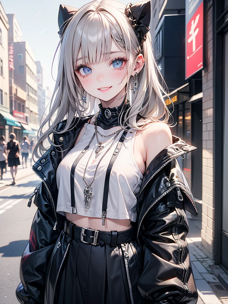 (​masterpiece),(top-quality:1.2),(perfect anatomy),(1 girl),beautiful detailed blue eyes,silver hair,black Scrunchie,((latest trend clothes)),Street fashion,cute costumes,white and black clothes,(Highly detailed elegant), Detailed skin,Standing in street,Add a dramatic and symbolic element to your scene, Silky to the touch,There is a mysterious and fascinating atmosphere,Through delicate lines and gorgeous colors,Make her beauty more vivid,Captivating smile