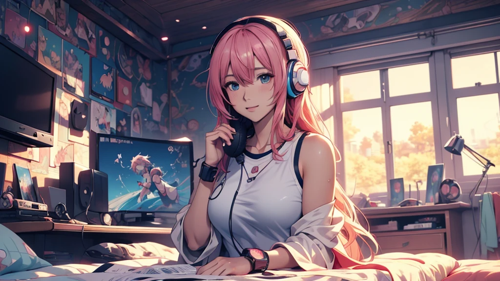 Woman wearing headphones, Anime Style 4 k, anime wallpaper 4k, anime wallpaper 4k, 4k anime wallpaper, anime art wallpaper 4k, anime art wallpaper 4k, Anime Style. 8K, Anime atmosphere, , Ultra HD Anime Wallpaper, Anime Art Wallpaper 8K, Anime Background,landscape、far away、music、room、tits