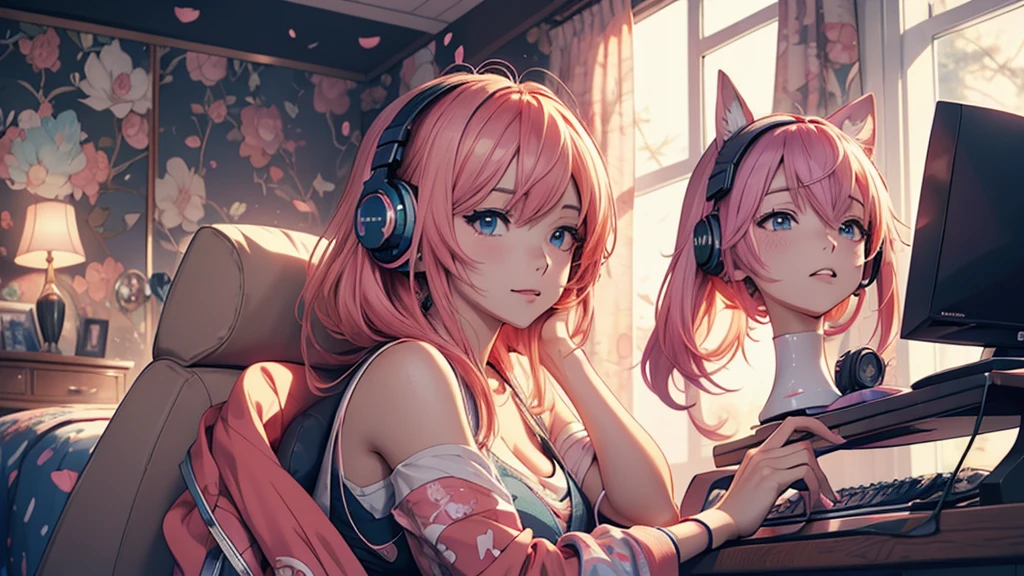Woman wearing headphones, Anime Style 4 k, anime wallpaper 4k, anime wallpaper 4k, 4k anime wallpaper, anime art wallpaper 4k, anime art wallpaper 4k, Anime Style. 8K, Anime atmosphere, , Ultra HD Anime Wallpaper, Anime Art Wallpaper 8K, Anime Background,landscape、far away、music、room、tits