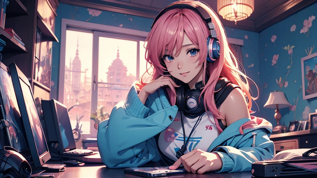 Woman wearing headphones, Anime Style 4 k, anime wallpaper 4k, anime wallpaper 4k, 4k anime wallpaper, anime art wallpaper 4k, anime art wallpaper 4k, Anime Style. 8K, Anime atmosphere, , Ultra HD Anime Wallpaper, Anime Art Wallpaper 8K, Anime Background,landscape、far away、music、room、tits