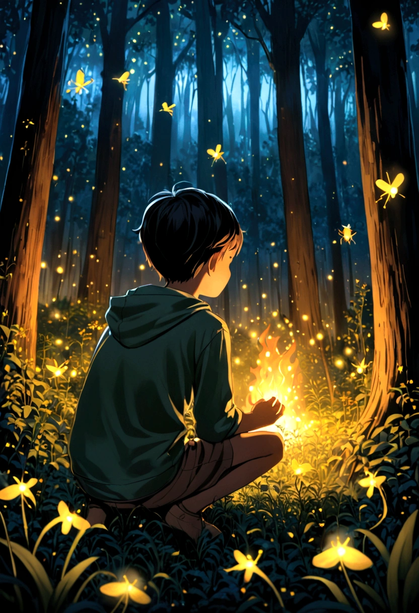 A boy looking at fire flies and very tiny people are flying on those fire flies and this all event is happening in a forest