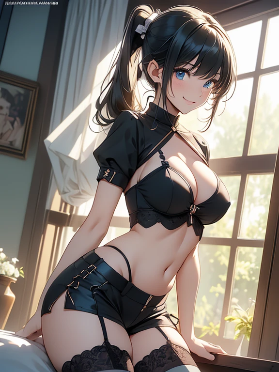 (dynamic angle:1.3, front view:1.1, breast focus:1.3, from below:1.2), (dynamic posing:1.2, sexy posing:1.2), (seductive smiling:1.3), highest quality、(real、photorealistic:1.4),(ultra high resolution, 8K RAW photo, clear focus), best qualtiy, natural lighting, field depth, (Bright pupils, detailed beautiful blue eyes, high detailed face), (tight focus:1.2), a girl 28yo old, Thicc, thin breast, long hair, blue eyes,garter stocking, cleavage:1.2, midriff, black shorts, black thighhighs, thigh strap, pretty girl, (highly detailed beautiful face and eyes,firm breasts),real skin,((black,hair,long pony tail hair)),thin pubic hair,cute,lovely, detailed eyes,(double breasted:1.0,under bust:1.0),(with sparkling eyes and a contagious smile),soft open mouth, Looking at Viewer,
