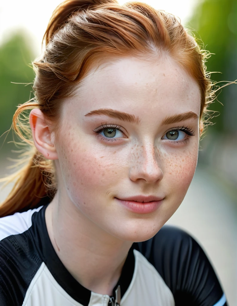 photography half body portrait of very beautiful realistic girl, riding sport bike, 15-years-old, porcelain skin, very fair skin, very pale skin, redhead, wavy, ponytail, detail freckles skin, hazel eyes, slanted eyes, small nose, small nostril, thick curved eyebrow, thick bottom lip, seductive gaze, happy face, unique face, wear jacket, detail photo, realistic photo, master piece picture, sharp picture, outdoor clear daylight