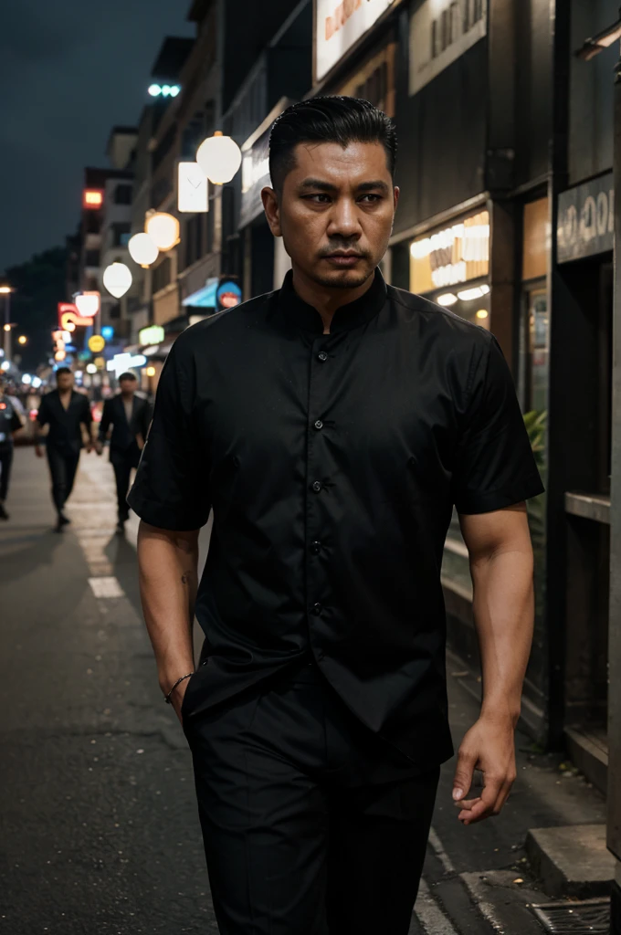 A handsome Indonesian mafia boss, is walking coolly with a bunch of mafia, wearing cool black clothes, Undercut hair is combed neatly, night road background, real photo, professional photo, clear photo, realistic photo, full HD, 4k
