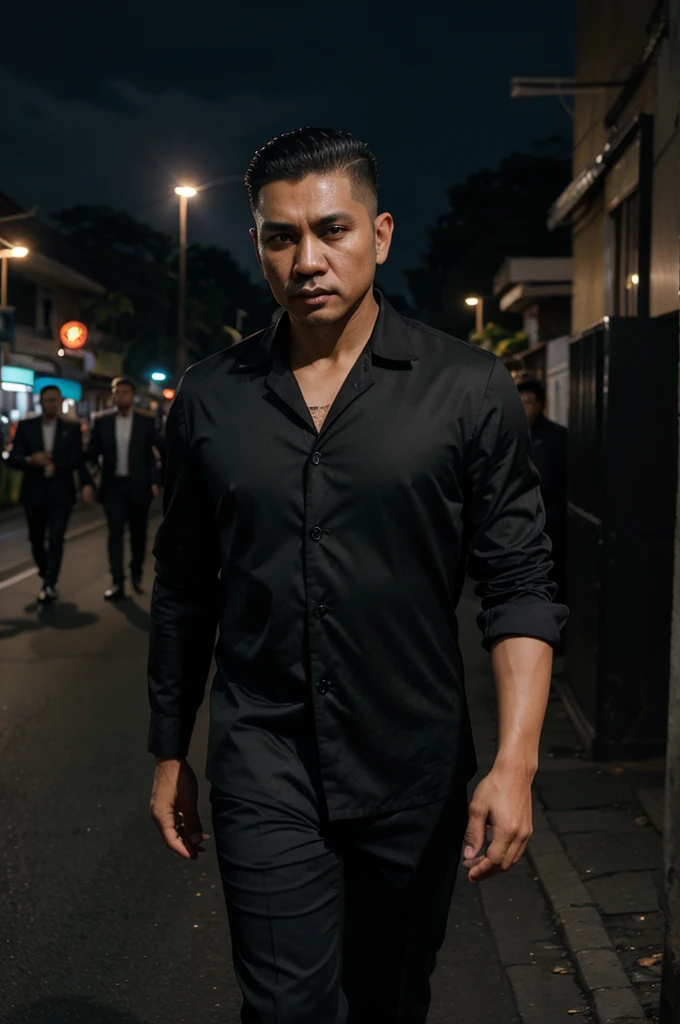 A handsome Indonesian mafia boss, is walking coolly with a bunch of mafia, wearing cool black clothes, Undercut hair is combed neatly, night road background, real photo, professional photo, clear photo, realistic photo, full HD, 4k
