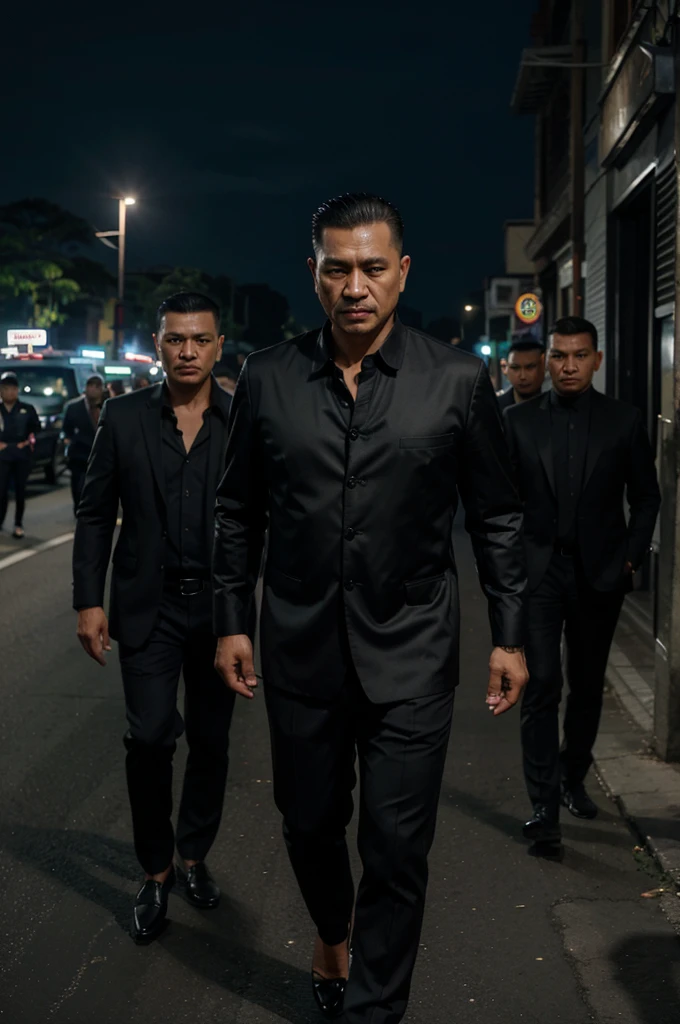 A handsome Indonesian mafia boss, is walking coolly with a bunch of mafia, wearing cool black clothes, Undercut hair is combed neatly, night road background, real photo, professional photo, clear photo, realistic photo, full HD, 4k