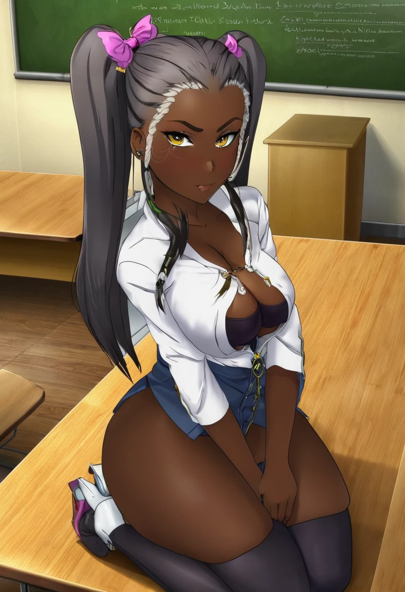 (masterpiece:1.2, best quality), 1lady Storm solo, , classroom, day, sit, white, twintails, white eyes, open collabone, darkskin, (huge open breasts:1.1),