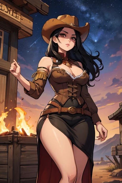 Perfect face, Perfect hands. A black haired female cowgirl with brown eyes and an hourglass figure in a conservative cowgirl's outfit is watching the stars by a bonfire in a wild west town