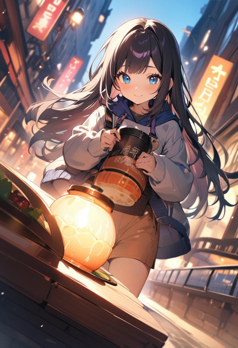 BREAK 1girl, long hair, black hair, straight hair, short bangs above brows, blue eyes, warm smile,
BREAK (masterpiece), (high resolution 8K), cinematic lighting, professional lighting, very cute, detailed eyes and face, detailed body,
BREAK foodie, outdoors, city background, dynamic angle,