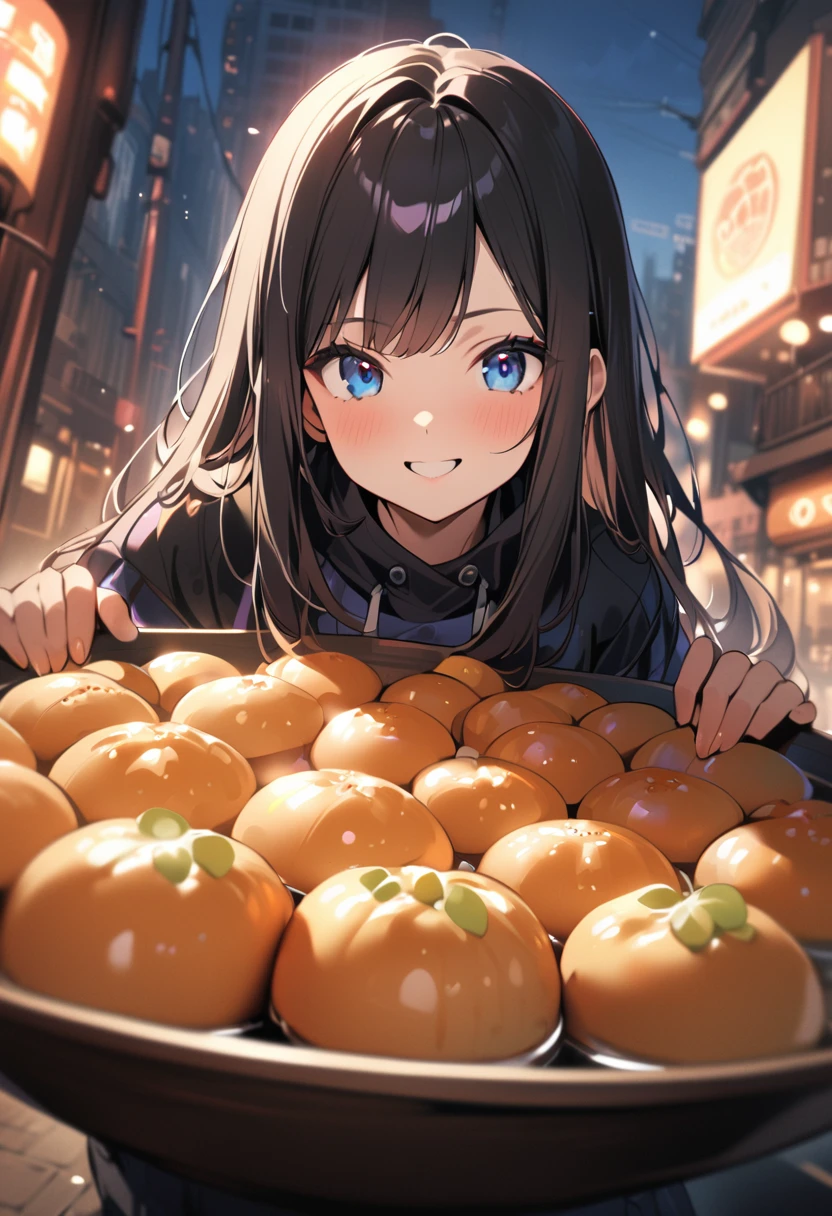 BREAK 1girl, long hair, black hair, straight hair, short bangs above brows, blue eyes, warm smile, 
BREAK (masterpiece), (high resolution 8K), cinematic lighting, professional lighting, very cute, detailed eyes and face, detailed body, 
BREAK foodie, outdoors, city background, dynamic angle,  
