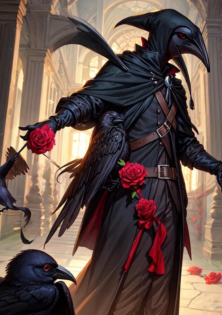 the plague doctor holding a red rose with a crow on his shoulder.