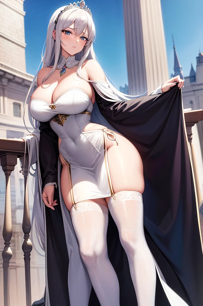 milf, 30 years old, (highres, masterpiece:1.2), white hair, robe, (large breasts), thick thighs, standing, pelvic curtain, tiara, thighhighs, v-neck, strapless dress, blue eyes, expressionless, long hair, castle in background, balcony