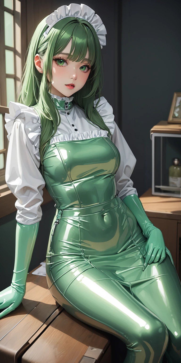 Portraiture、(masterpiece,Highest quality,Ultra-high resolution),Japanese women, (((Very beautiful 25 year old girl))),(Pale green latex maid outfit)、(Pale green latex long skirt)、(A long-sleeved latex shirt that covers the upper body)、Pale green latex gloves、Pale green latex socks、Pale green latex bodysuit、Frills、The clothes fit snugly to the body、Latex is very shiny、Dark Room、