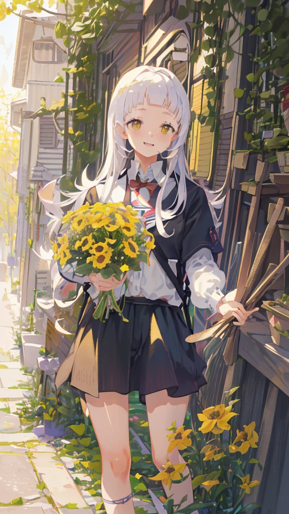 a girl with a backpack,a cute puppy,beautiful yellow flowers,spring outdoor scene,(best quality,4k,8k,highres,masterpiece:1.2),ultra-detailed,(realistic,photorealistic,photo-realistic:1.37),cartoon style,vibrant colors,soft lighting,intricate details,adorable expression,dynamic composition