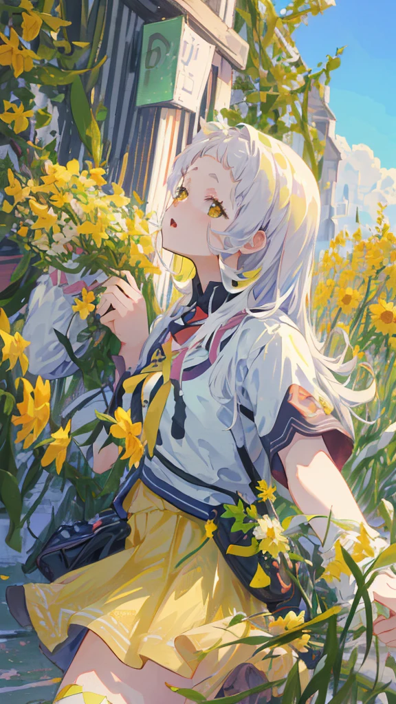 a girl with a backpack,a cute puppy,beautiful yellow flowers,spring outdoor scene,(best quality,4k,8k,highres,masterpiece:1.2),ultra-detailed,(realistic,photorealistic,photo-realistic:1.37),cartoon style,vibrant colors,soft lighting,intricate details,adorable expression,dynamic composition