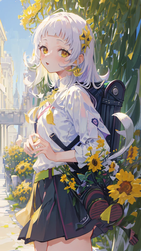 a girl with a backpack,a cute puppy,beautiful yellow flowers,spring outdoor scene,(best quality,4k,8k,highres,masterpiece:1.2),ultra-detailed,(realistic,photorealistic,photo-realistic:1.37),cartoon style,vibrant colors,soft lighting,intricate details,adorable expression,dynamic composition