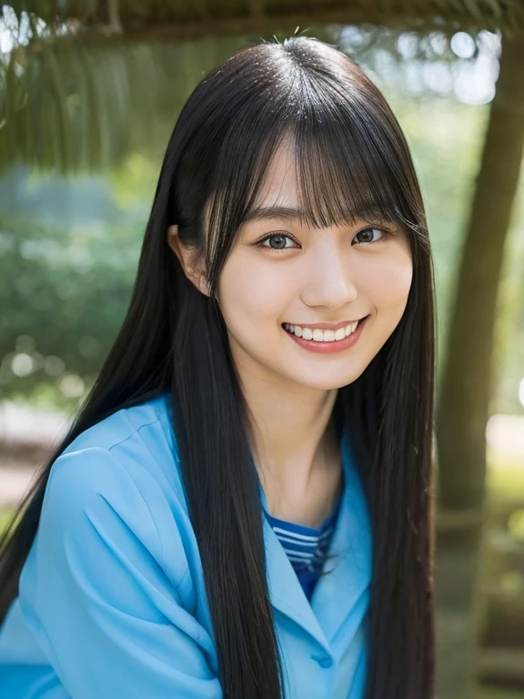20 year old Asian woman with long black hair and a blue shirt, A kind smile, Haruka Kaki, Beautiful Japanese girl face, 8K, cute
