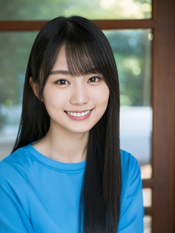 20 year old Asian woman with long black hair and a blue shirt, A kind smile, Haruka Kaki, Beautiful Japanese girl face, 8K, cute