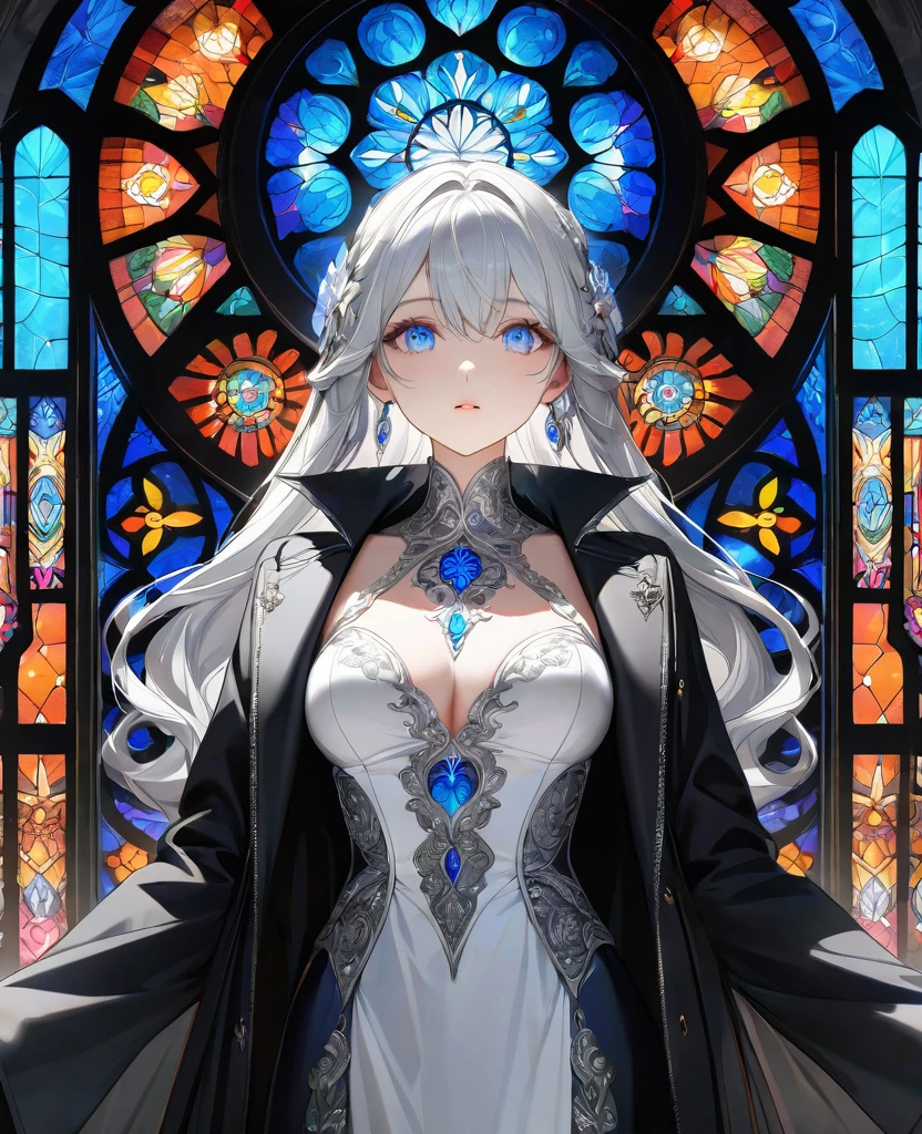 masterpiece, best quality, ultra detailed, sparkling eyes, High definition RAW color art, animation,sculpture, Silver Marble Skin, (((Ultra detailed elegant))), magical atmosphere, fine skin, texture,(intricately detailed, small details, Super Detail Art), Depth of bounds written, Bokeh, Silky Touch, hyper detail, (Blue stained glass background), beautiful eyes, elegant face,  (black long coat), flower, whole body, put one&#39;s hand in one&#39;s pocket