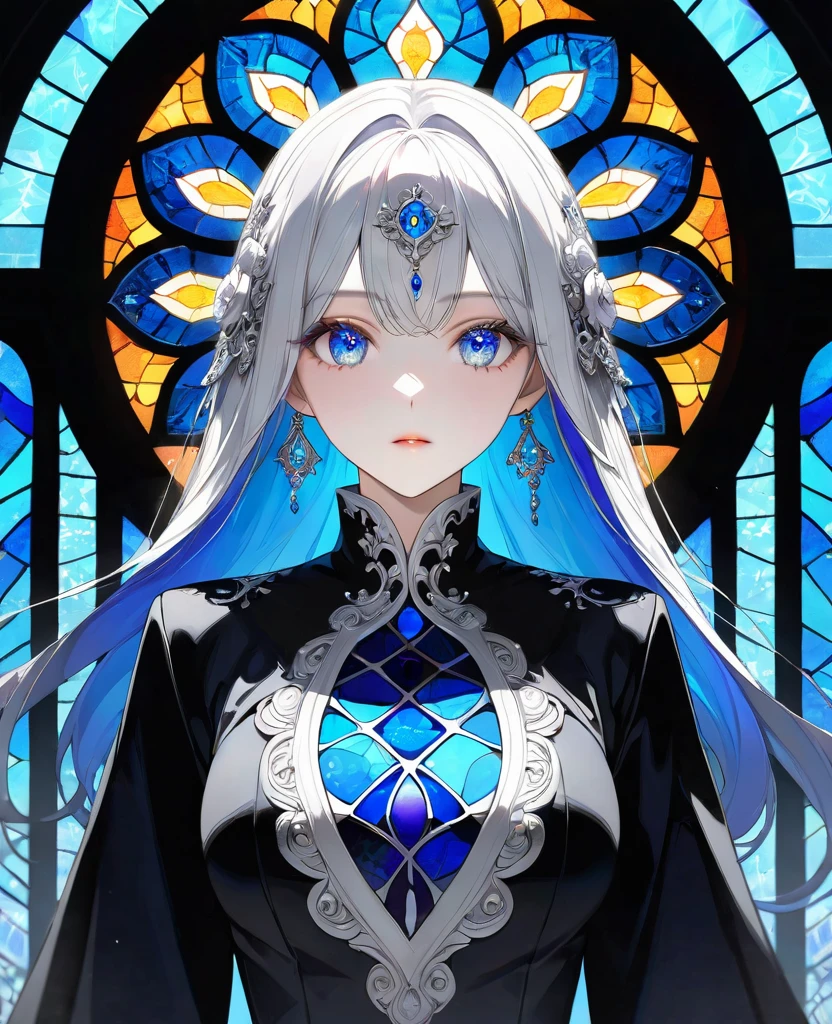 masterpiece, best quality, ultra detailed, sparkling eyes, High definition RAW color art, animation,sculpture, Silver Marble Skin, (((Ultra detailed elegant))), magical atmosphere, fine skin, texture,(intricately detailed, small details, Super Detail Art), Depth of bounds written, Bokeh, Silky Touch, hyper detail, (Blue stained glass background), beautiful eyes, elegant face, (black long coat), flower, whole body, put one's hand in one's pocket