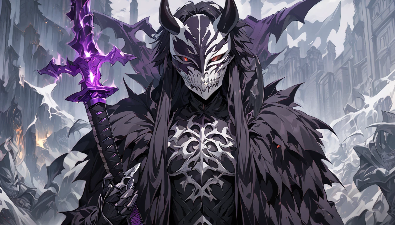 demon mask, sword on the hand,close up, black heavy detailed clothes, hand katana, art, dark and malevolent, hand sword, armor, powerful and intimidating, (masterpiece, best quality, ultra-detailed, best shadow), (detailed background, dark fantasy) dramatic light, intricate details, dark and malevolent, powerful and intimidating, Dark and foreboding, malevolent force, sinister and chilling, armor, high detailed background, girl in demon slayer art, demon slayer art style, epic anime art, God death