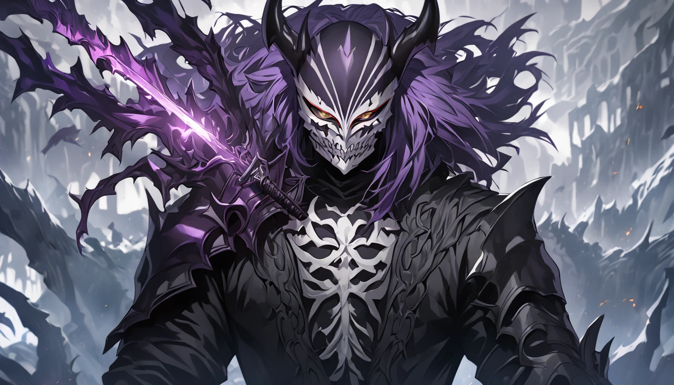 demon mask, sword on the hand,close up, black heavy detailed clothes, hand katana, art, dark and malevolent, hand sword, armor, powerful and intimidating, (masterpiece, best quality, ultra-detailed, best shadow), (detailed background, dark fantasy) dramatic light, intricate details, dark and malevolent, powerful and intimidating, Dark and foreboding, malevolent force, sinister and chilling, armor, high detailed background, girl in demon slayer art, demon slayer art style, epic anime art, God death