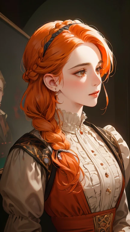 a highly detailed and intricate portrait of a noble woman with vibrant orange hair styled in a delicate braid, set against the backdrop of Europe in the 18th century victorian era, masterfully rendered with exceptional realism, dramatic lighting, and exquisite attention to detail, 8k resolution, best quality, complex design, enlarged texture, photorealistic