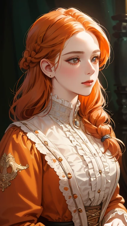a highly detailed and intricate portrait of a noble woman with vibrant orange hair styled in a delicate braid, set against the backdrop of Europe in the 18th century victorian era, masterfully rendered with exceptional realism, dramatic lighting, and exquisite attention to detail, 8k resolution, best quality, complex design, enlarged texture, photorealistic
