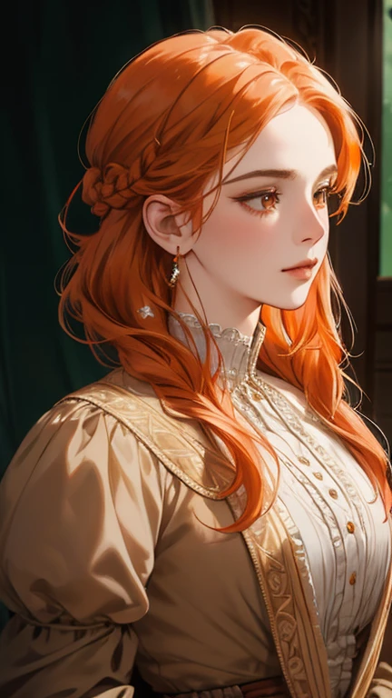 a highly detailed and intricate portrait of a noble woman with vibrant orange hair styled in a delicate braid, set against the backdrop of Europe in the 18th century victorian era, masterfully rendered with exceptional realism, dramatic lighting, and exquisite attention to detail, 8k resolution, best quality, complex design, enlarged texture, photorealistic