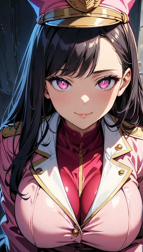 (highest quality:1.2,evil lady, anime artwork, Very detailed, High Detail, digital coloring, High Contrast, masterpiece:1.2, highest quality, Best aesthetics), 8k,masterpiece, cute,tall,beautiful,best quality, 1lady,black hair,long hair,empty eyes, (finely detailed empty pupils and detailed face),,,,extremely detailed cg unity 8k wallpaper,solo,(latex military costume:0.9),large breasts,seductive smile,military hat,latex thighhigh,large breasts,black hair,pink eyes,pink leotard,pantyhose,military coat,enamel suits,grossy lips,sitting,bust shot,sadistic smile,,heel,shiny skin,military coat,detailed face,beautiful body,full-body,adult,
