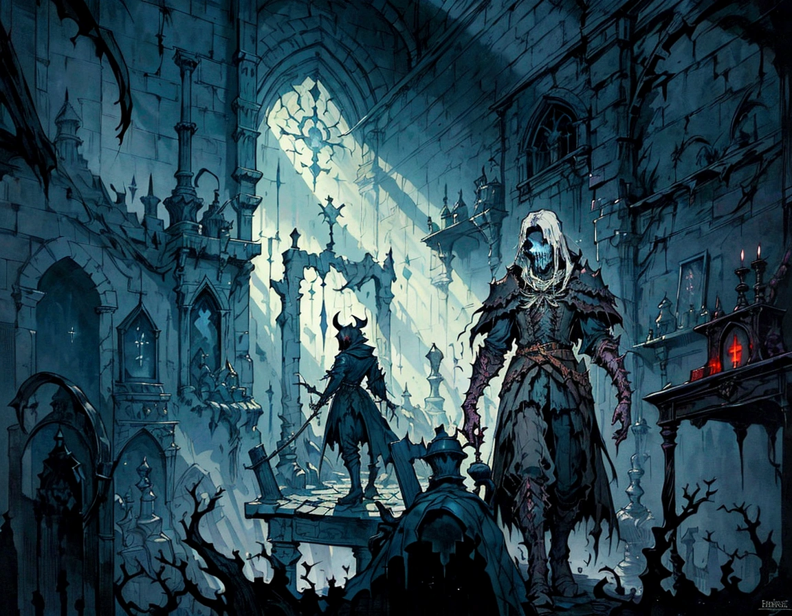there is a painting of a man in a room with a window, a mouse in a gothic atelier, photorealistic dark concept art, eerie nostalgic concept art, horror concept art, dark concept art, dark fantasy concept art, dramatic lighting. concept art, concept art for a video game, painterly concept art, painted as a game concept art, post grunge concept art