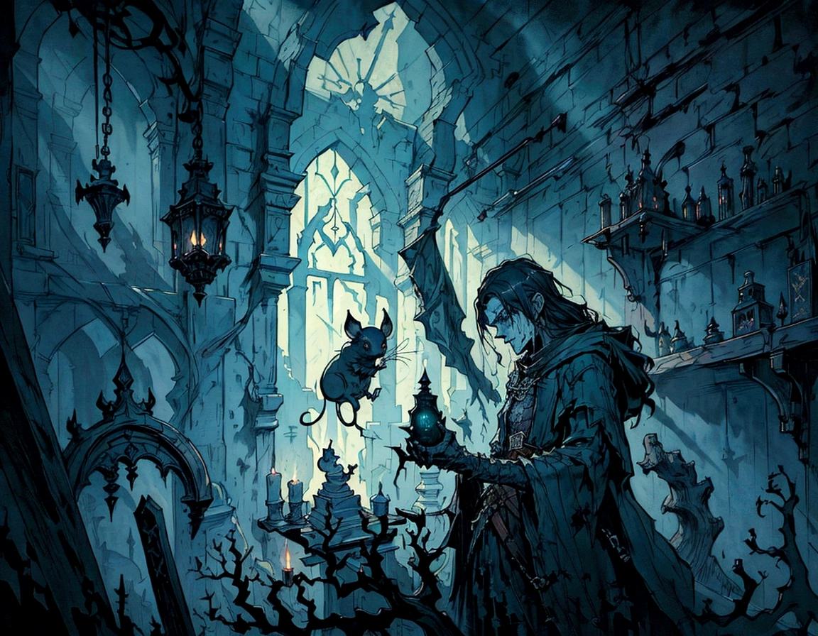 there is a painting of a man in a room with a window, a mouse in a gothic atelier, photorealistic dark concept art, eerie nostalgic concept art, horror concept art, dark concept art, dark fantasy concept art, dramatic lighting. concept art, concept art for a video game, painterly concept art, painted as a game concept art, post grunge concept art