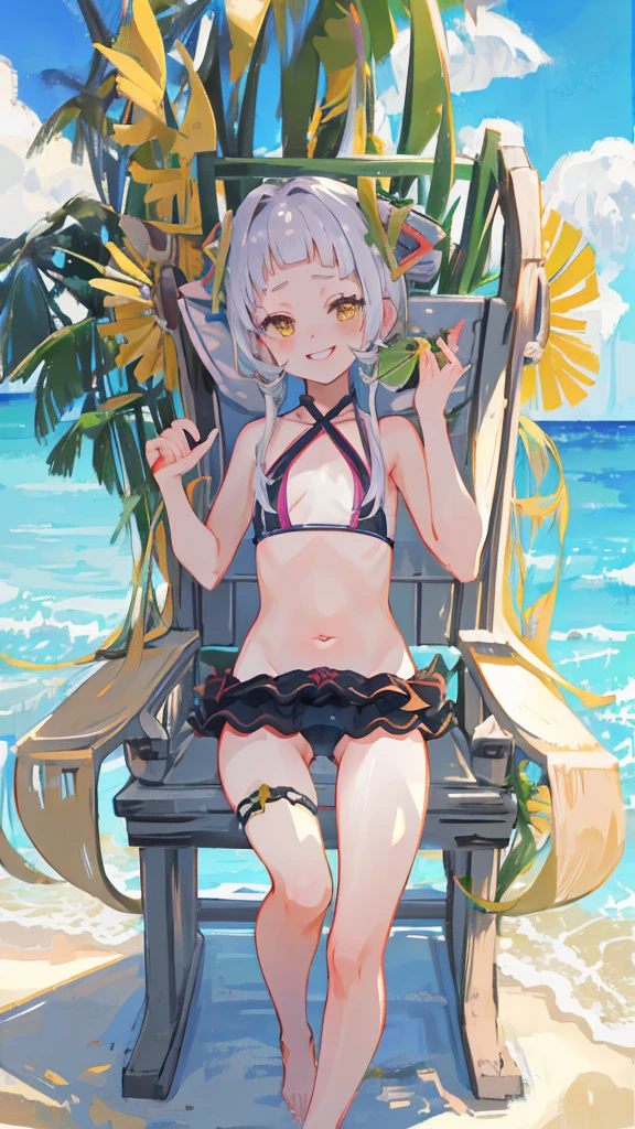 (Highest quality,4K,High resolution,masterpiece:1.2),Ultra-detailed,Physically Based Rendering,Towa Tokoyami,Beautiful and fine details,Beautifully detailed lips,Highly detailed eyes and face,Long eyelashes,anime,Swimwear,Succubus Tail,Cute smile,Tropical Beach,Clear blue sky,Sandy Beach,Palm tree,sparkling sea,Soft golden sunshine,Bright color penumbra,Gentle Light,Faint shadows,Breeze,Crystal clear water,Smooth and shiny hair,Playful expressions,Fun atmosphere