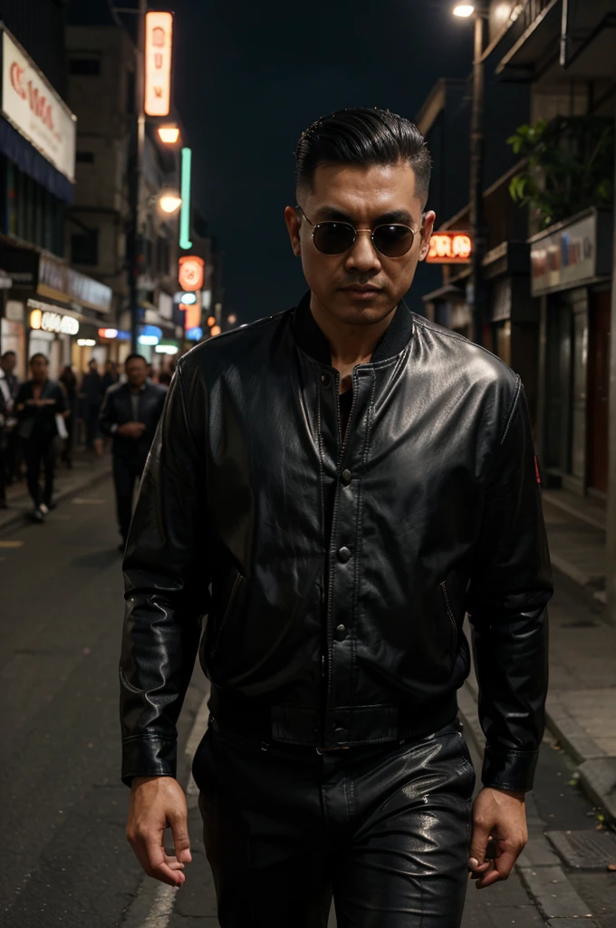 A handsome Indonesian mafia boss, is walking coolly with a bunch of mafia, wearing a shiny black leather jacket, Undercut hair is combed neatly, night road background, real photo, professional photo, clear photo, realistic photo, full HD, 4k 
