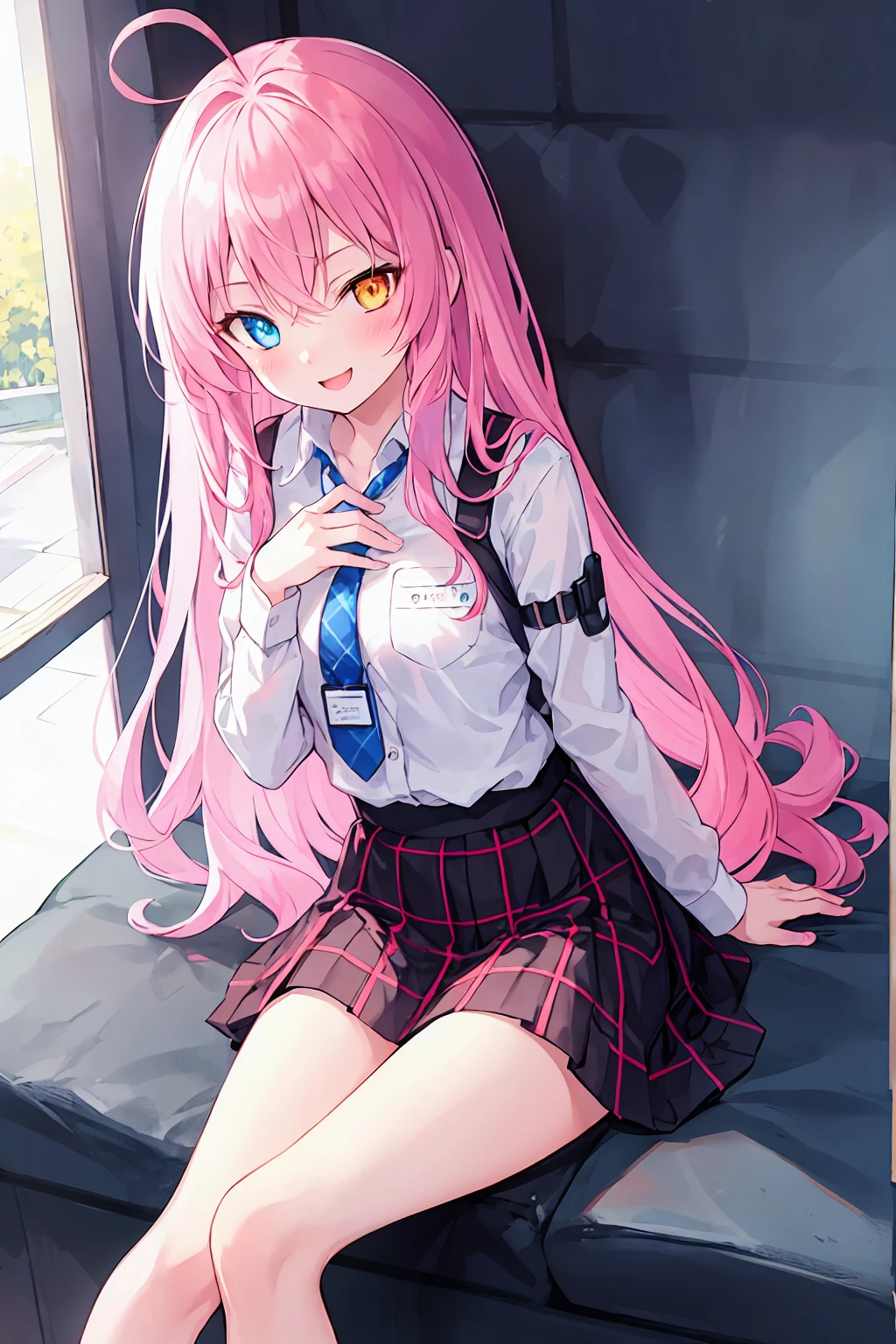 One girl, Hoshino (Blue Archive), alone, Heterochromia iridis, Pink Hair, skirt, Long Hair, tie, Ahoge, shirt, Hello, Plaid skirt, blue eyes, Plaid,  View your viewers, white shirt, Sitting, Orange eyes, chest Harness, Harness, Long sleeve, ID card, Open your mouth, very Long Hair, collared shirt, smile, blue tie, bangs, The legs are off the frame, Between the legs, hand Between the legs, blush, Hair between the eyes, High resolution,masterpiece, Highest quality