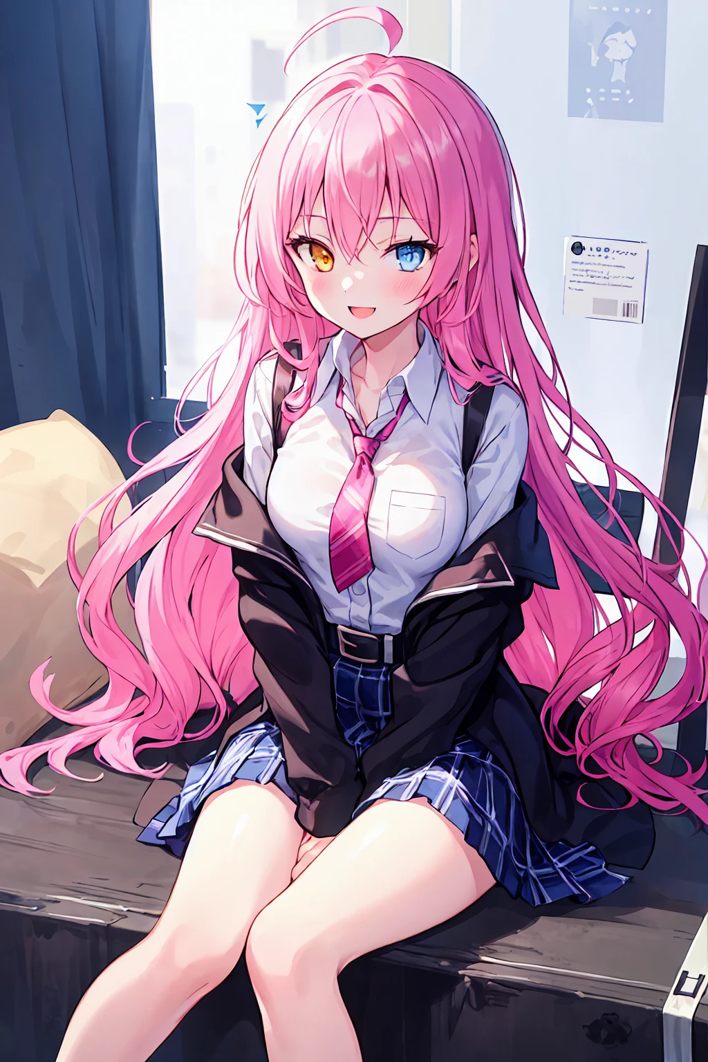 One girl, Hoshino (Blue Archive), alone, Heterochromia iridis, Pink Hair, skirt, Long Hair, tie, Ahoge, shirt, Hello, Plaid skirt, blue eyes, Plaid, View your viewers, white shirt, Sitting, Orange eyes, chest Harness, Harness, Long sleeve, ID card, Open your mouth, very Long Hair, collared shirt, smile, blue tie, bangs, The legs are off the frame, Between the legs, hand Between the legs, blush, Hair between the eyes, High resolution,masterpiece, Highest quality
