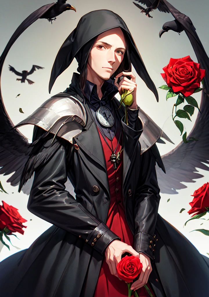 the plague doctor holding a red rose with a crow on his shoulder.