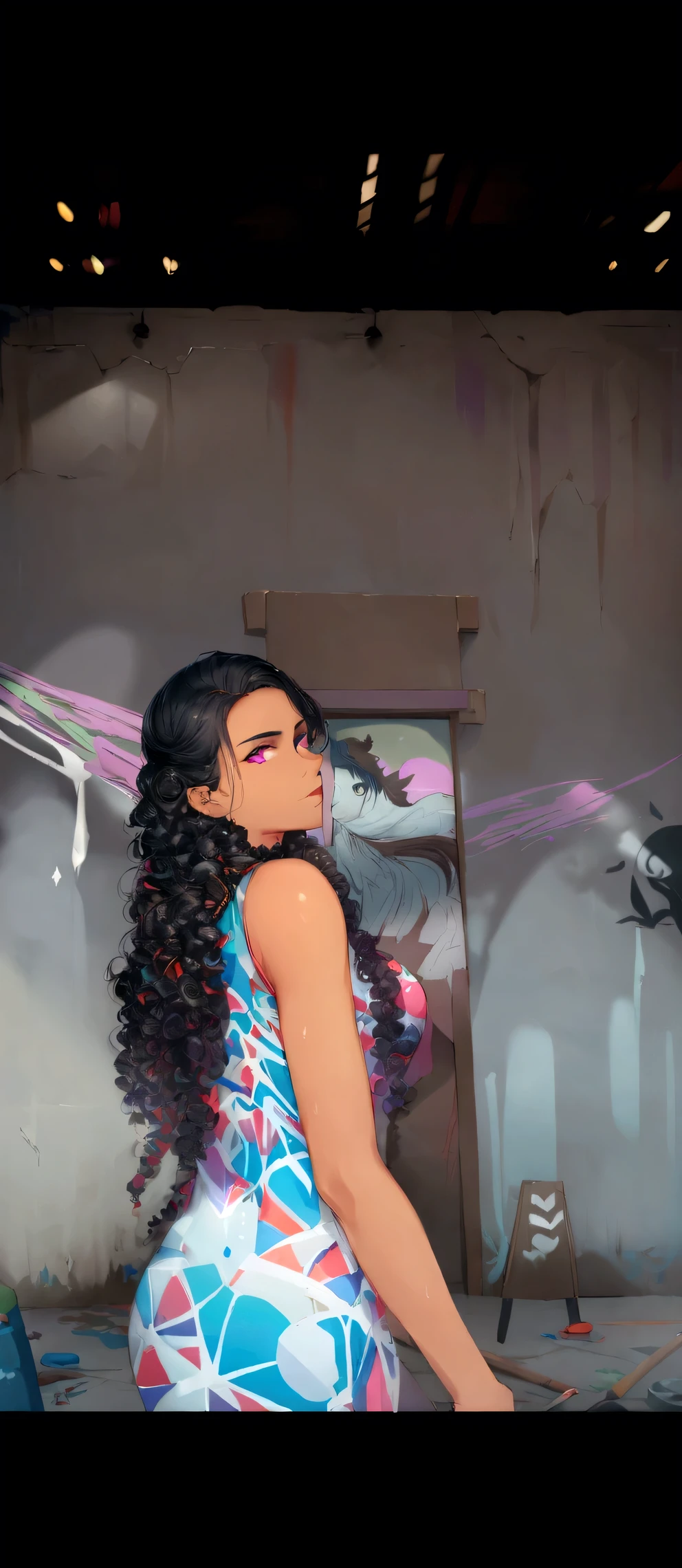 (best qualityer),brunette dark skin, work of art, extremely detailed 8K CG uniform illustration, high color, saturação extremamente high color, all the colors deepened, paint, graffiti art, Central composition, extremely detailed light and shadow, parede de graffiti, glossy painted wall, 1 graffiti 1 looking at the wall, extremly detailed face and eyes, Curly Bend Congo Length Hair, Sportswear, colorful clouds