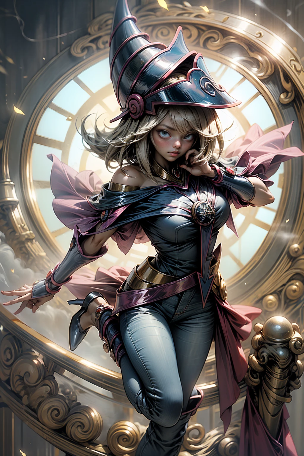 (Masterpiece:1.2), (The best quality:1.2), perfect lighting, Dark Magician Girl casting a spell, in battle. floating in the air, large visible , wear jeans and heels. transparent neckline, blue robe, big hat, From above, shines, Yugioh games, The magic of the heart, romantic heart.