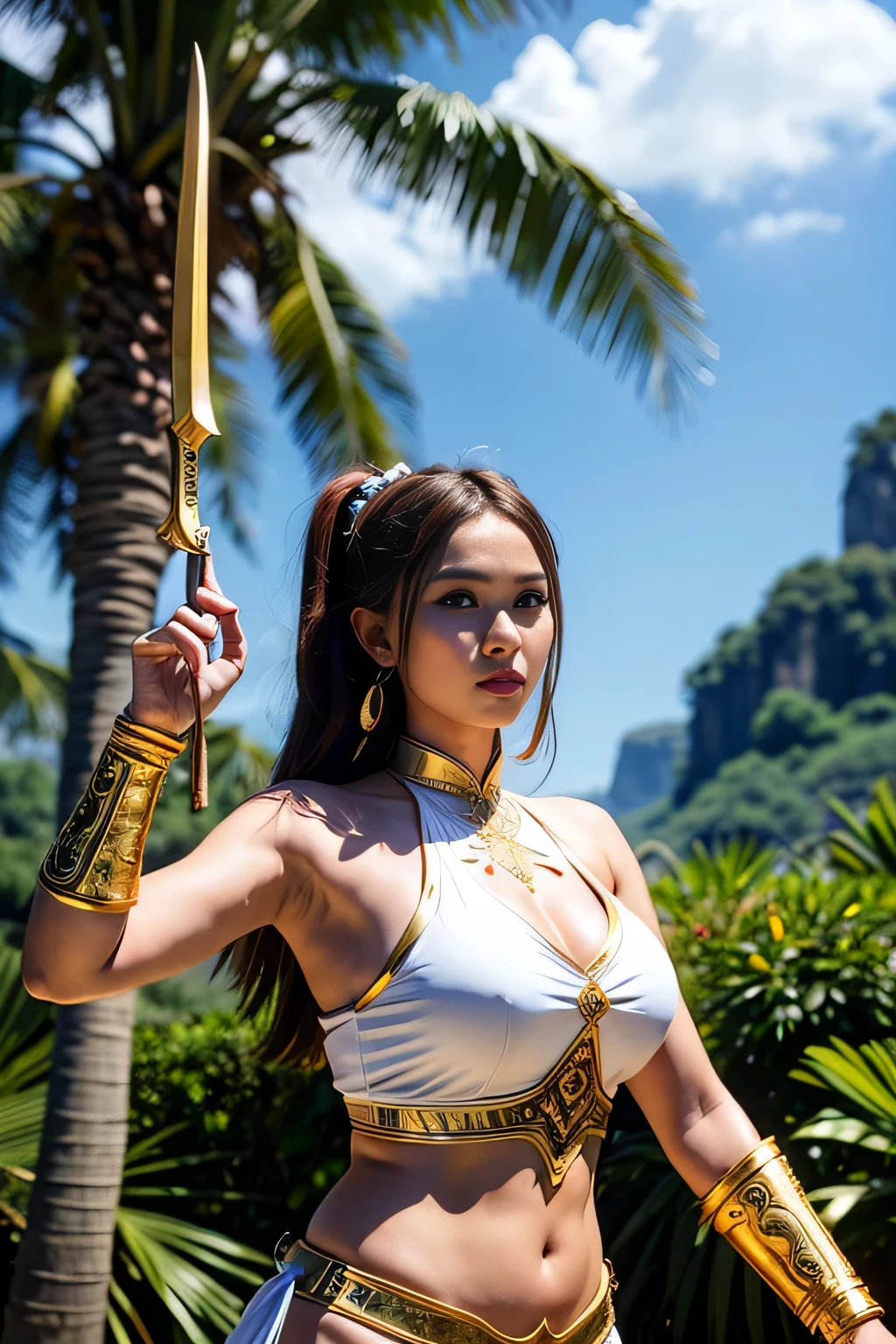 a beautiful detailed indonesian woman warrior, wearing a white bikini armor, with big breasts, holding a jewel gold weapon, ultra detailed, 8k, high resolution, photorealistic, cinematic lighting, dramatic color palette, intricate details, masterpiece, concept art