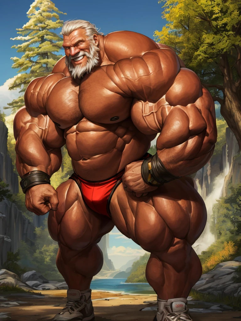 huge muscular old man, white and short hair, white beard, old, old man, grandpa, (huge muscular), detailed muscles, 8k, masterpiece:1.2, hyper realistic, highly detailed full body, really big muscle, massive muscular, sixpack, thick arms, wide pectoral, super huge muscle, hyper muscular, over sized muscle, huge arms, big arms, huge pectoral, natural lighting wrinkled skin, happy expression