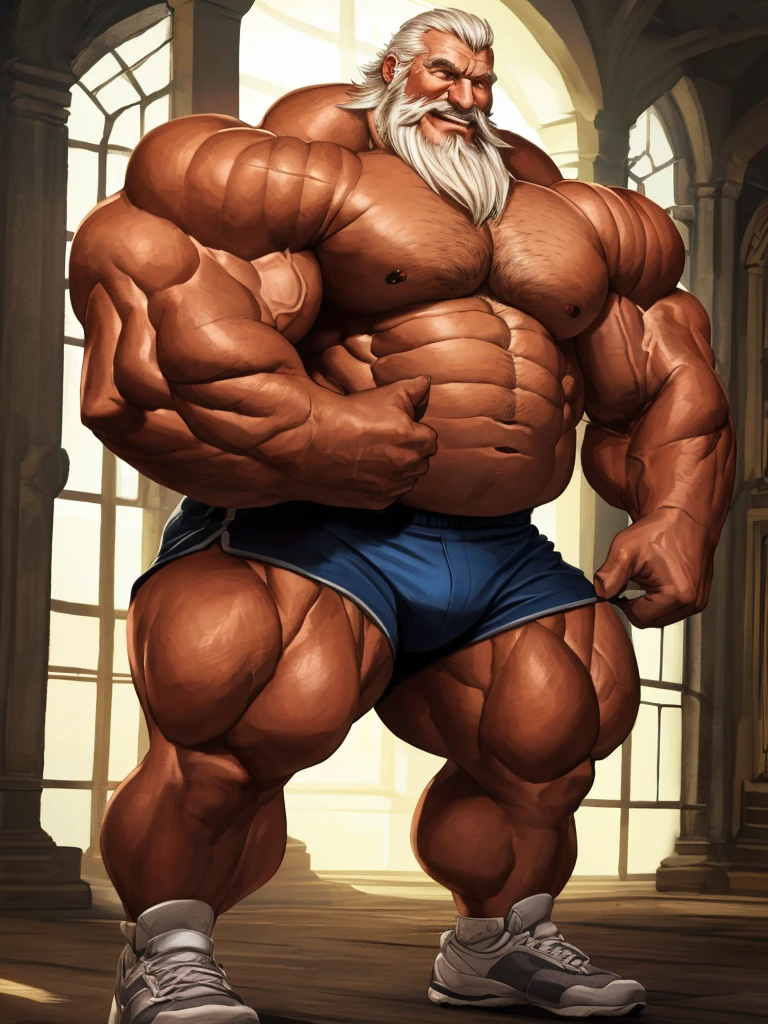 huge muscular old man, white and short hair, white beard, old, old man, grandpa, (huge muscular), detailed muscles, 8k, masterpiece:1.2, hyper realistic, highly detailed full body, really big muscle, massive muscular, sixpack, thick arms, wide pectoral, super huge muscle, hyper muscular, over sized muscle, huge arms, big arms, huge pectoral, natural lighting wrinkled skin, happy expression