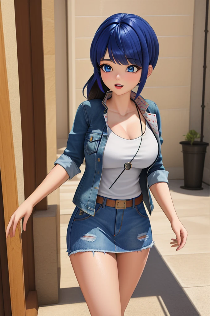 (8k, RAW photo, best quality, masterpiece:1.2), (intricate details), perfect eyes, perfect face, perfect lighting, beautiful, (masterpiece:1.2), (best quality:1.2), 1girl, solo, marinette, blue hair, (( hair in ponytail, bangs over one eye )), adult torso, 19 years old, huge sized breasts, (tank top, denim jacket, blue skirt,) cowboy shot, 3DMM, standing, front view, 