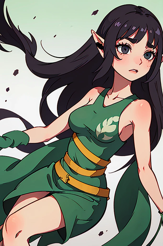 sharp but sweet eyes,Long hair, dark brown hair, green afilate eyes with long eyelashes, full mouth, low height, sinuous hips, lottle-medium , elf ears, red checks natural, sharp but sweet eyes, She is wearing a one-piece dress with a crisscross on her breasts that leaves her belly exposed and her fat hips exposed, and she has two splits on her dress at her legs that let them be seen.