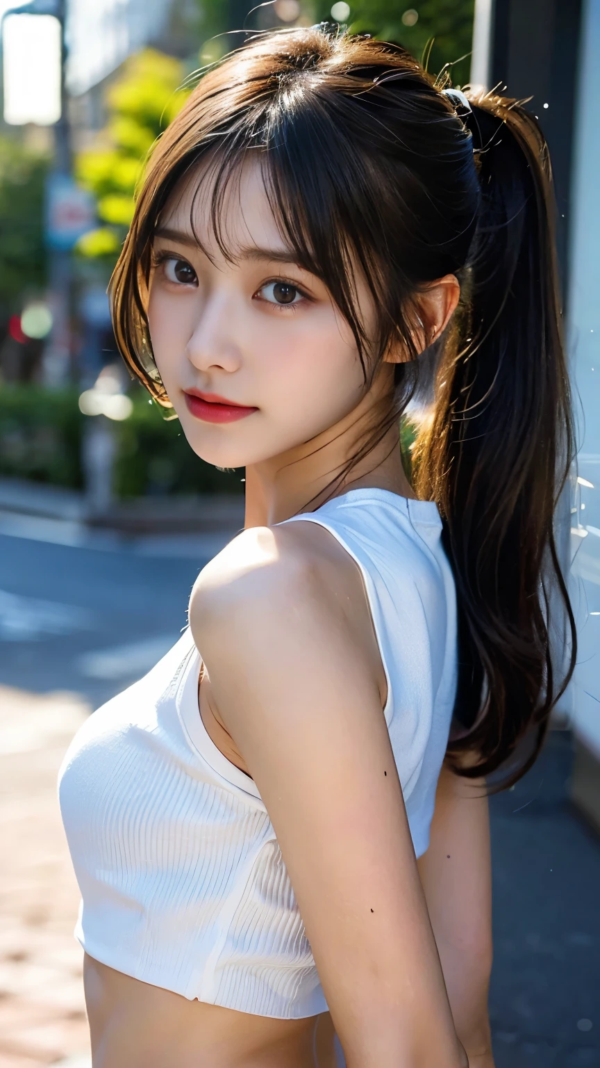 upper body, upward glance, smirk, street, tilt head, casual fashion, looking back, ponytail
BREAK
official art, adolescence girl, cute, lower , gleaming skin, (scrawny:1.2), (leggy:1.2), (tight waist:1.2), (abs:1.2), (small nose:1.3), 1girl, (medium hair:1.2), blunt bangs, black hair, (straight hair:1.2), brown eyes, (no-makeup:1.2), (large breasts:1), boob, hair fluttering, BREAK
(ruddy skin:1.2), (sweaty face:1.2), (sweaty body:1.2), body balance,
BREAK
masterpiece, best quality, ultra-detailed, perfect anatomy, perfect arms, perfect legs, perfect fingers, perfect hands, photorealistic, detailed beautiful face and eyes, (face on focus:1.3), (volumetric lighting:1.2), (contrast:1.2), (light on face:1.2), cinematic lighting, bright, shiny skin, bright skin, warmth, glossiness,
vibrant, ultra high res, 8k, RAW photo, detailed shadow, super detailed beautiful skin, amazing, finely detail, sharp focus, (bokeh:1.2)
