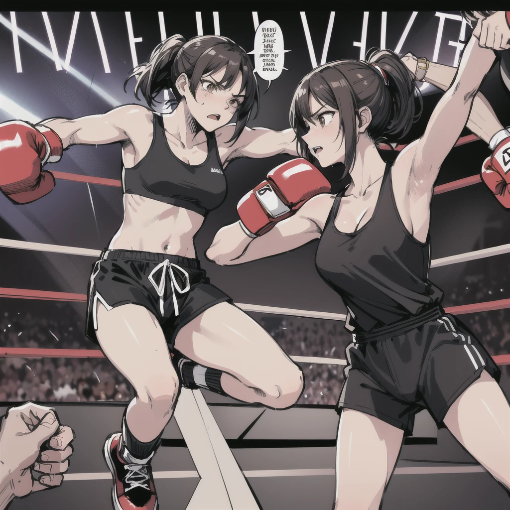 masterpiece, best quality, 1girl, short medium black hair in ponytail, brown eyes, black tank top, medium breasts, black striped shorts, (Text Bubble), comic about boxing match, fight, puched in face, punched in stomach, hurt, pouty face, boxing ring, looking straight at camera, pov, looking at camera, punched by ghost, Border, (profiles:0.3), 4 panels,  