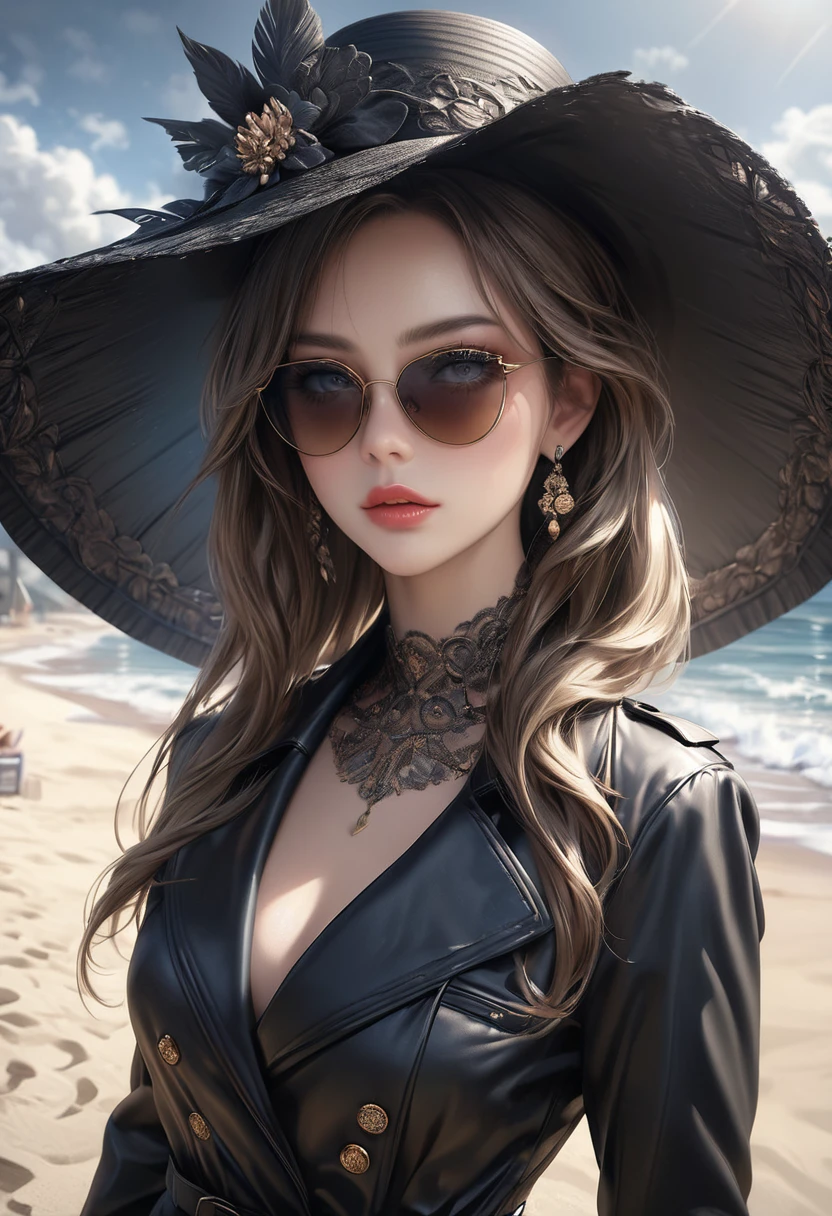 a beautiful girl in an elegant black hat with a large sunshade, sunglasses, black long gloves, standing on a sandy beach in the hot summer, wearing a black trench coat:1.2, (best quality,4k,8k,highres,masterpiece:1.2),ultra-detailed,(realistic,photorealistic,photo-realistic:1.37),extremely detailed hat, beautiful detailed eyes,beautiful detailed lips, extremely detailed eyes and face,longeyelashes,intricate details,photorealistic,cinematic lighting,dramatic lighting,highly detailed face,high fashion,elegant,dramatic,atmospheric,summer beach,sand,ocean waves,overcast sky
