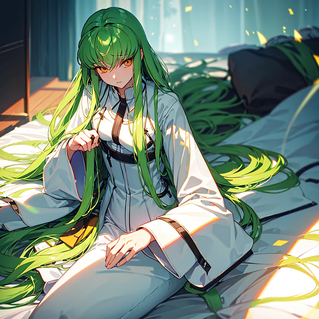 c.c., expressionless, (looking at another:1.1), (lying:1.2), on floor, solo focus, from above,
(masterpiece, best quality, ultra-detailed), (beautiful detailed face, beautiful detailed eyes), long sleeves, hands in opposite sleeves,
orange eyes, green hair, very long hair, (white straitjacket:1.6), black belt, foot out of frame,
mksks style, beautiful background, (chromatic aberration, lens flare, indoor, bedroom, bed sheet, bed, light particles, holographic interface:1.2)
