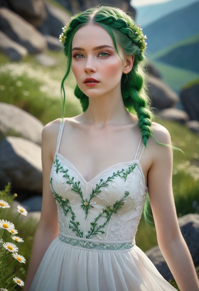 a beautiful woman with pale skin, with green braids growing many daisies, a woman in a white dress, slender, walking on mountain rocks, masterpiece, (best quality,4k,8k,highres,masterpiece:1.2),ultra-detailed,(realistic,photorealistic,photo-realistic:1.37),detailed eyes,detailed lips,extremely detailed face,longeyelashes,natural lighting,vivid colors,intricate details,fantasy portrait,ethereal,serene,detailed skin texture,flowing dress,delicate flowers
